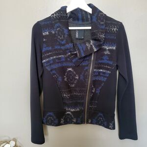 Anthropologie Dolan Moto Jacket Womens Size Small Blue Black Abstract Knit